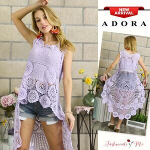 ADORA Crochet Lace Detail Sleeveless Round Neck Hi-Low Hem Tunic Top | Lavender